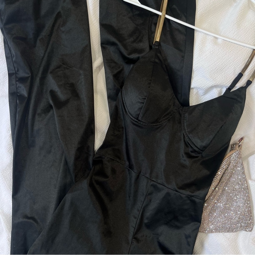 NWOT Extra long satin jumpsuit with heavy hardware